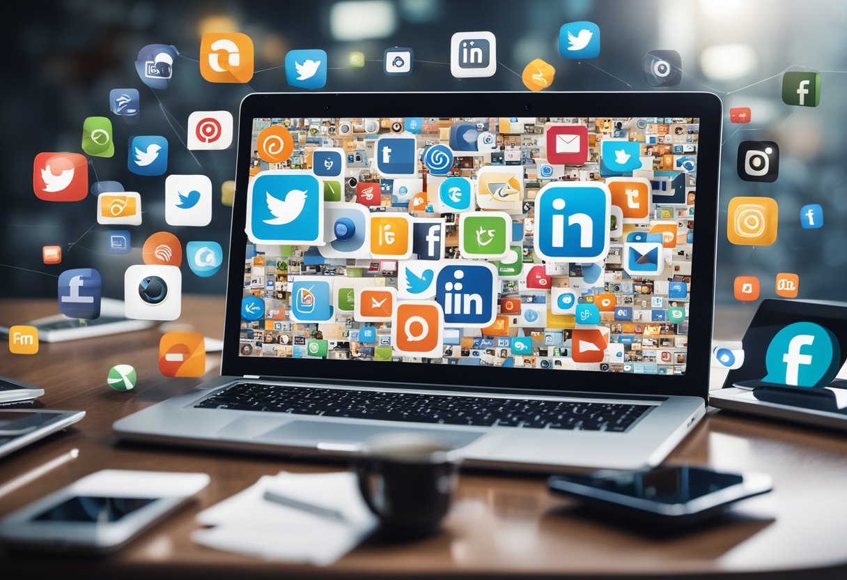 A laptop displaying various social media platforms, surrounded by icons of email, search, and analytics, with a smartphone showing a digital marketing campaign