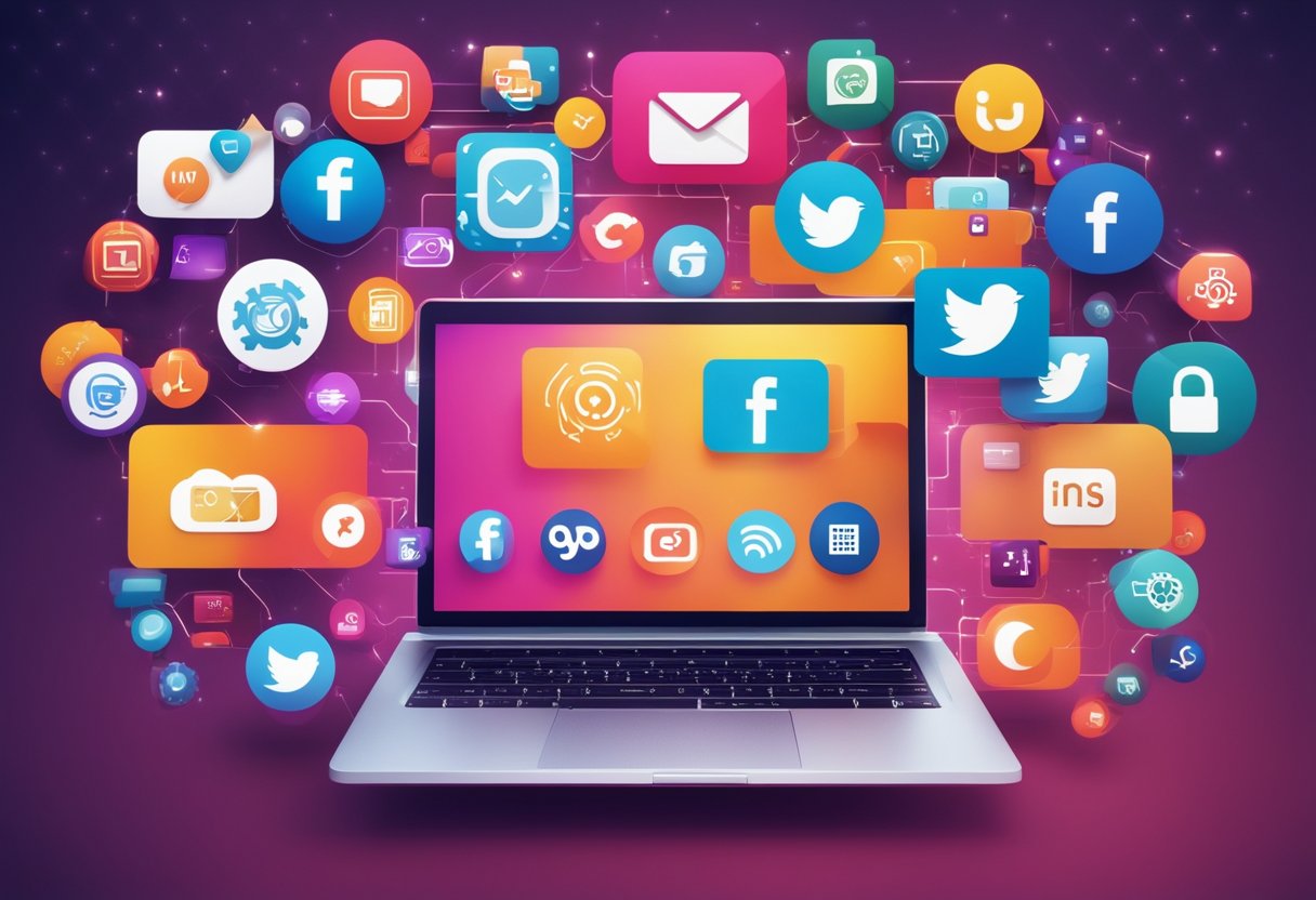 A laptop surrounded by digital marketing icons and social media logos. Bright colors and dynamic shapes convey a sense of energy and connectivity