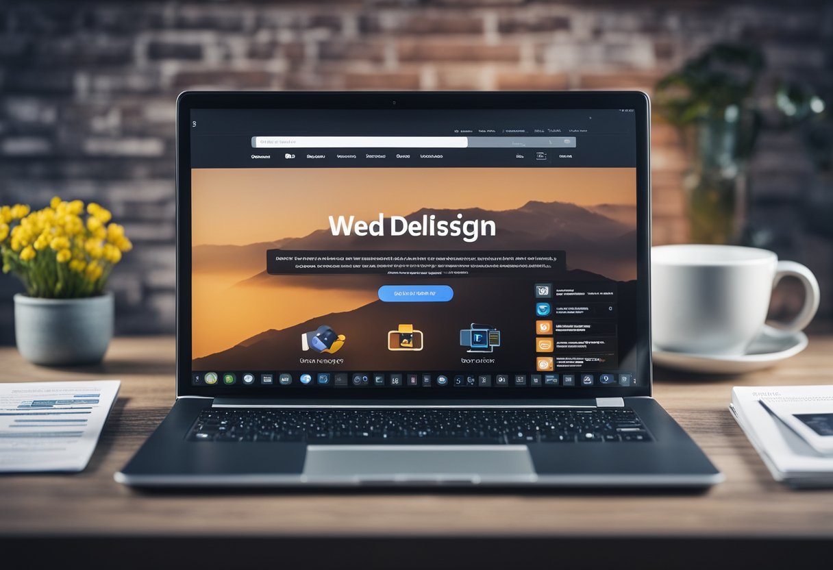 A laptop with a web design software open, surrounded by digital marketing materials and web development tools