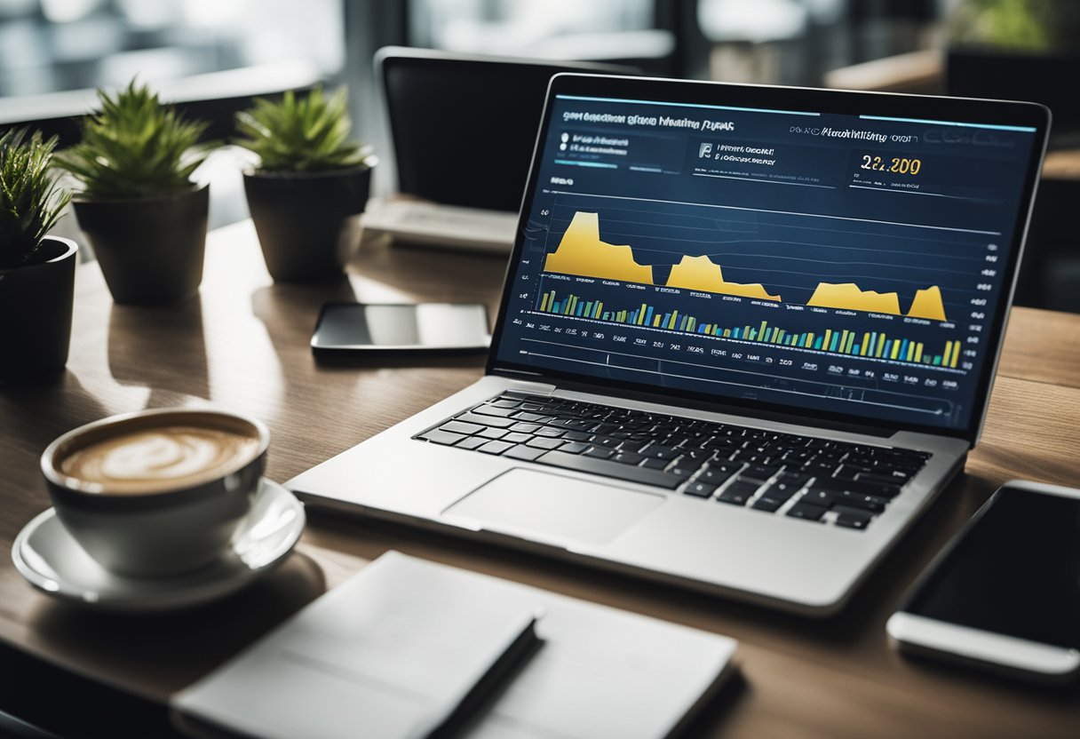 A laptop displaying digital marketing analytics and ROI charts