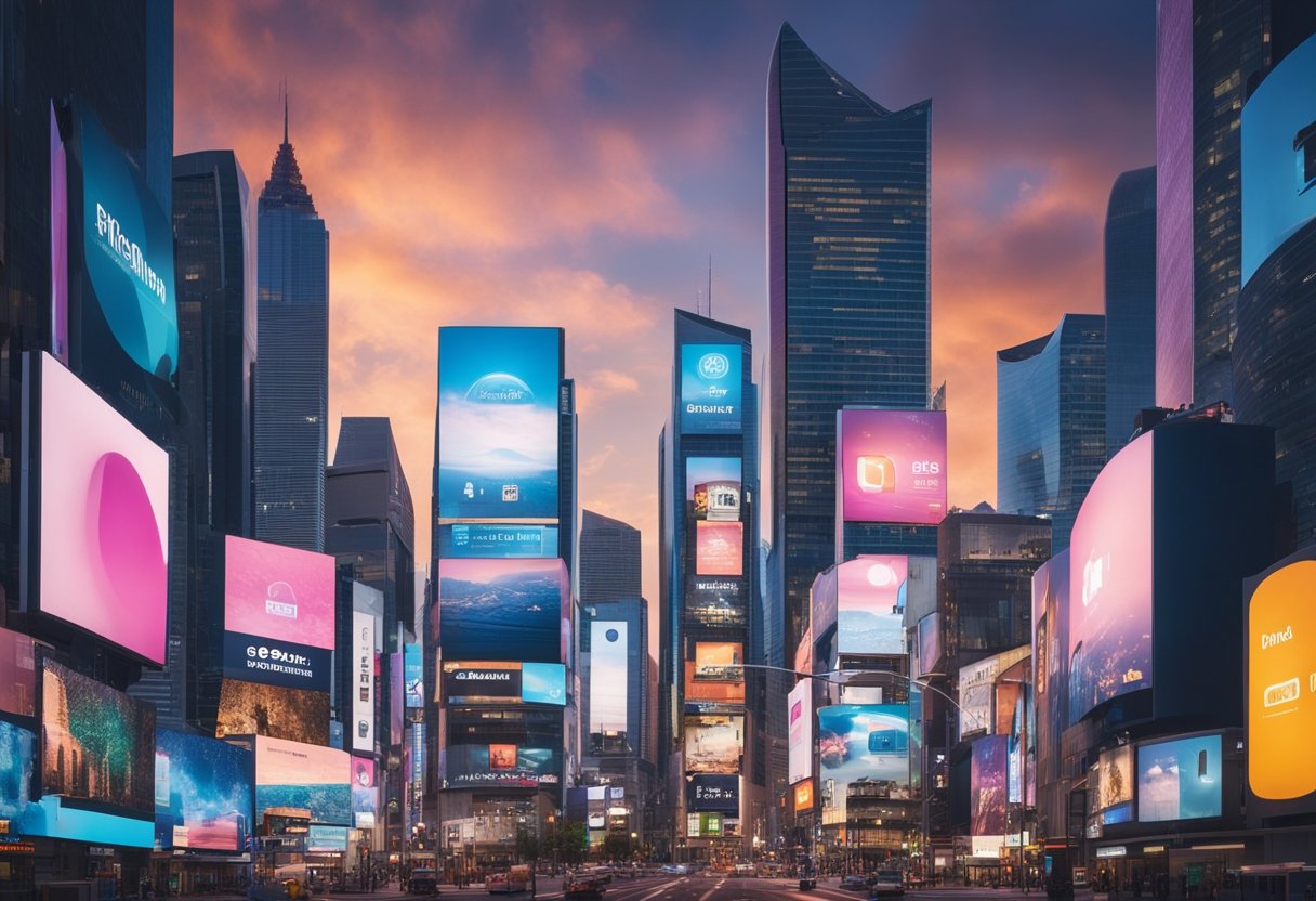 A vibrant cityscape with digital billboards and social media icons, showcasing the latest trends in digital marketing