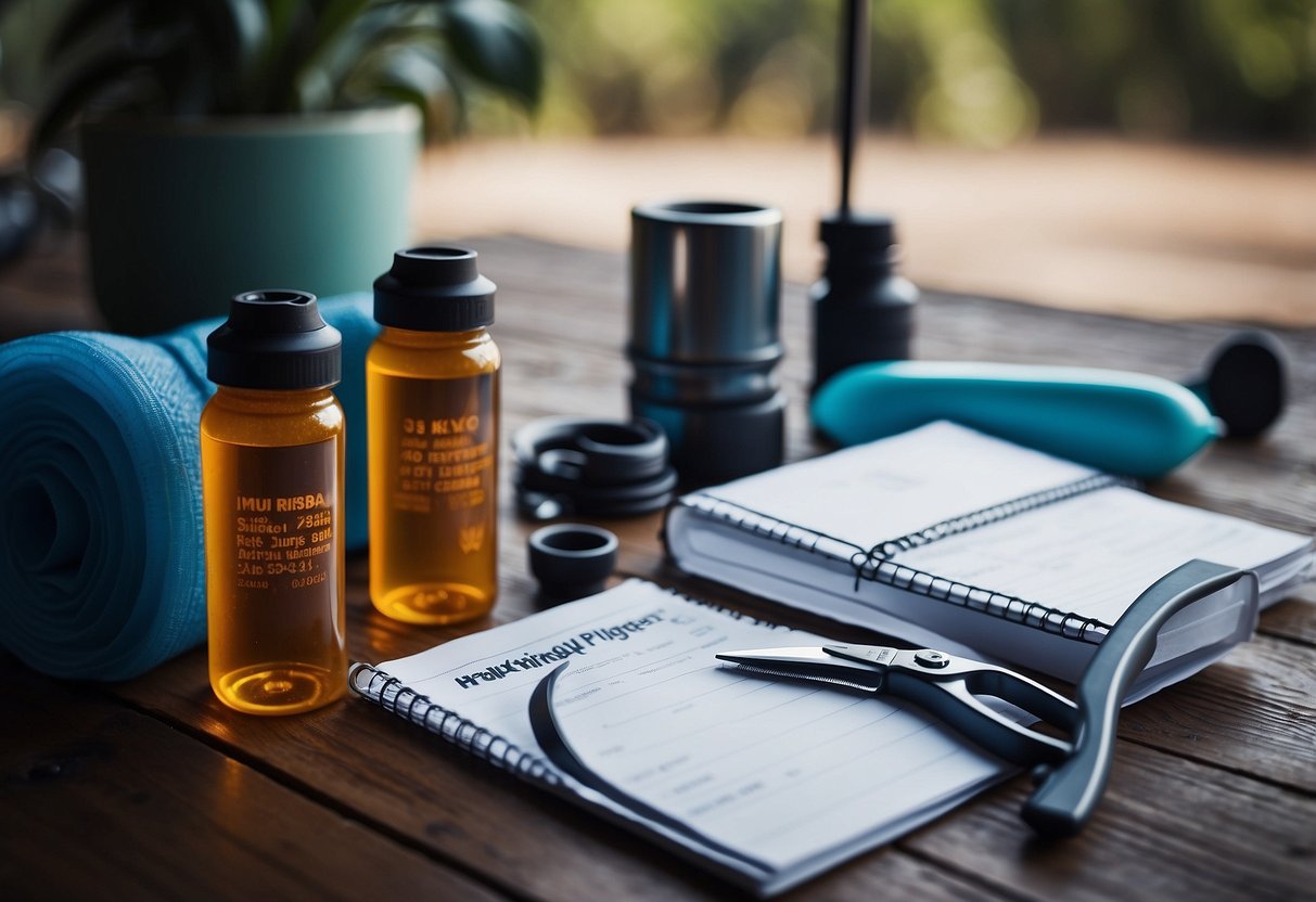 A water bottle next to a pair of scissors and a workout plan on a table