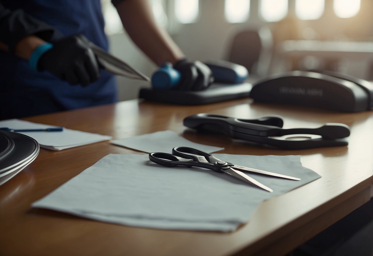 A pair of sharp scissors slicing through a thick piece of paper, creating clean, precise cuts. Surrounding the scissors are various workout equipment and tools, highlighting the focus on effective cutting workout strategies