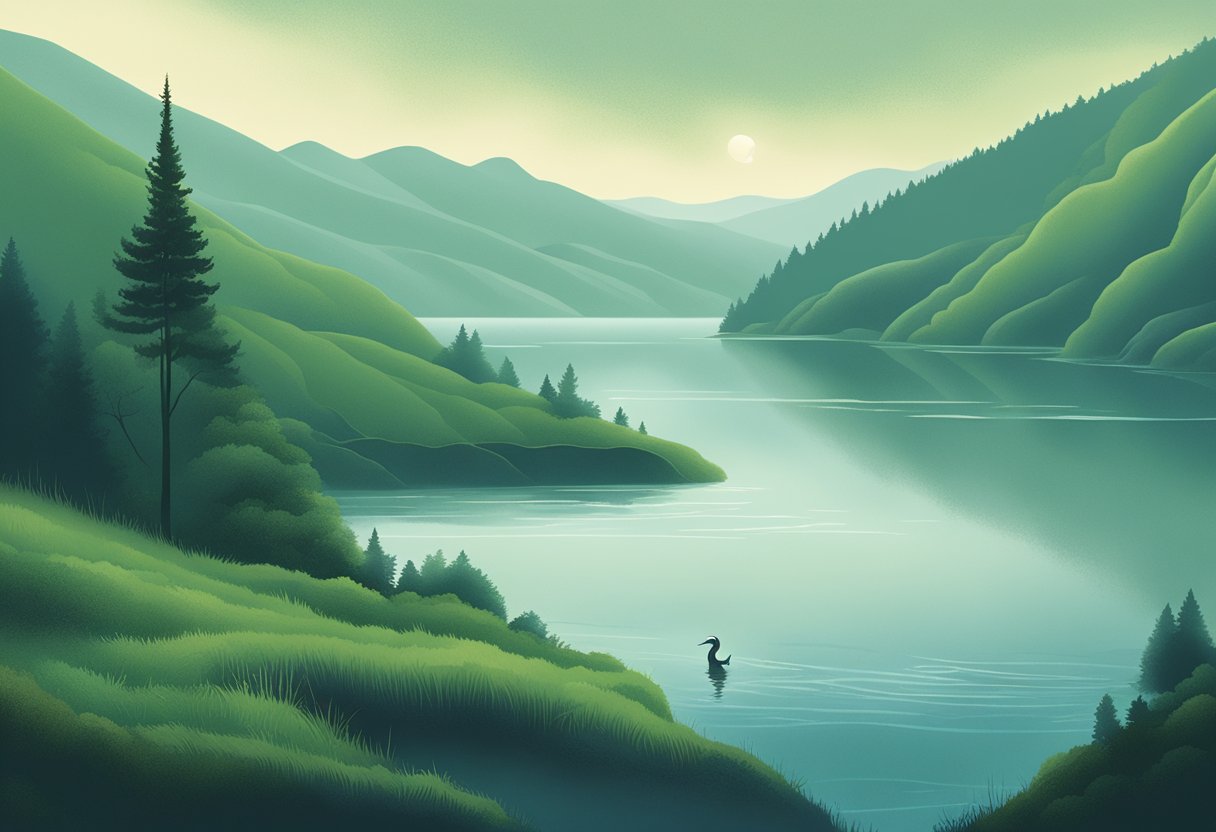 A misty lake surrounded by lush green hills, with a shadowy figure lurking beneath the water's surface, hinting at the mysterious Loch Ness Monster