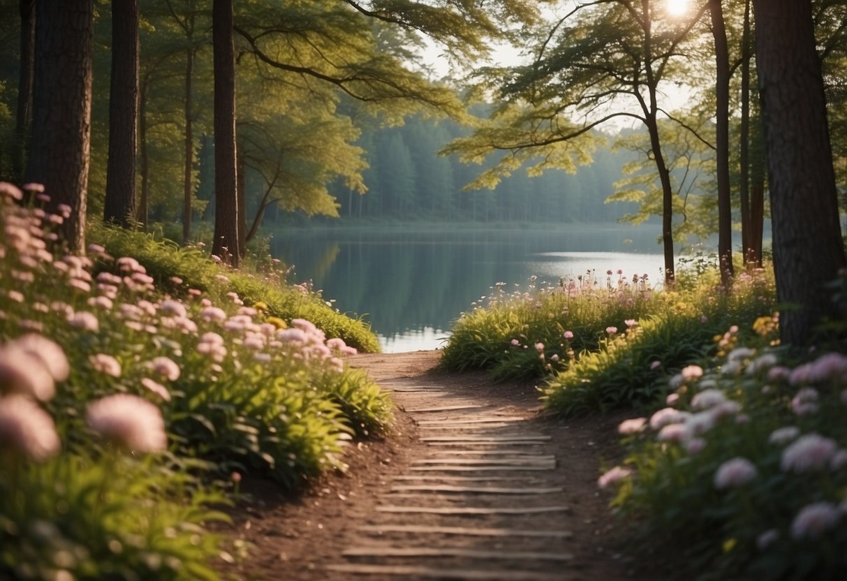 A calm forest with a winding path leading to a peaceful lake, surrounded by tall trees and colorful flowers