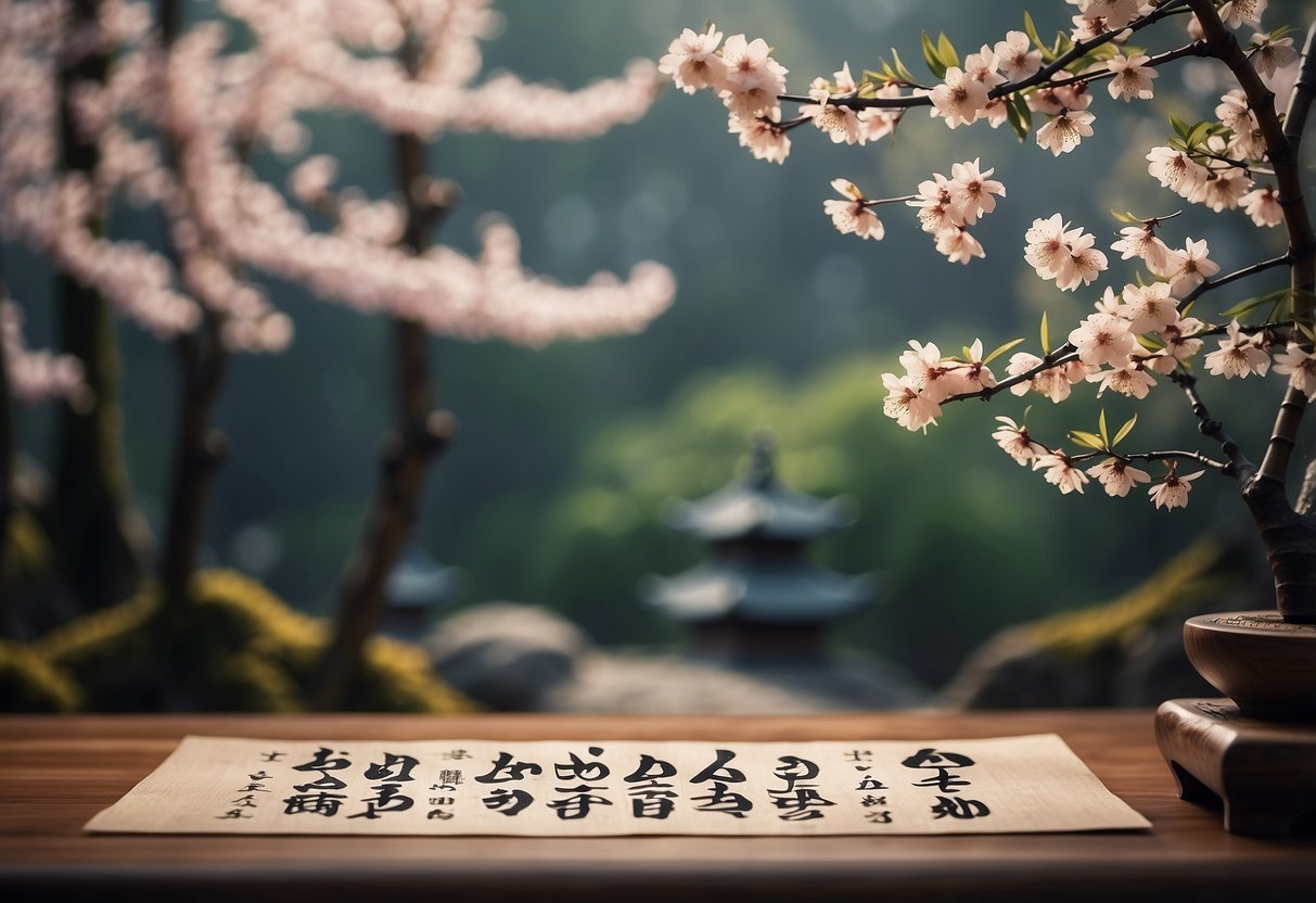 Japanese characters arranged on a traditional scroll, surrounded by delicate cherry blossoms and a serene bamboo forest