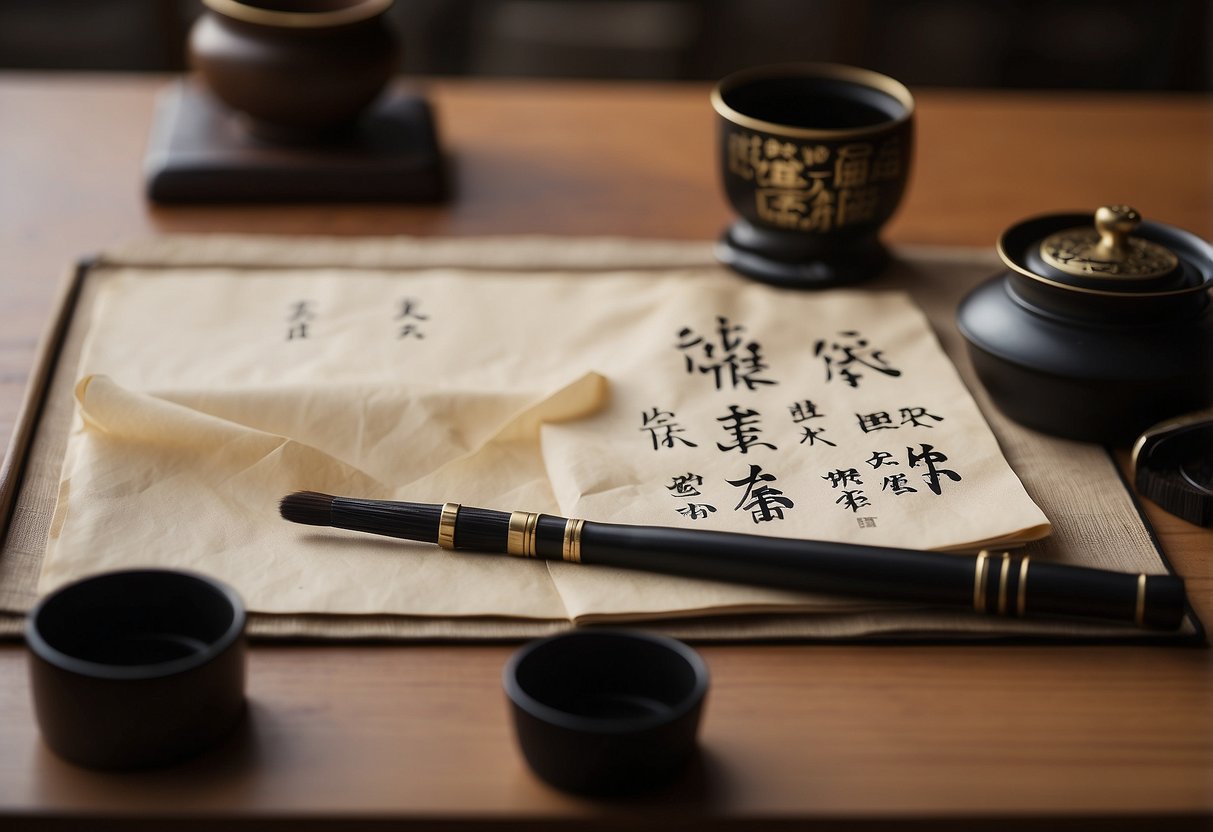 Japanese writing materials arranged neatly on a traditional desk. Ink brush, calligraphy paper, and various kanji characters displayed