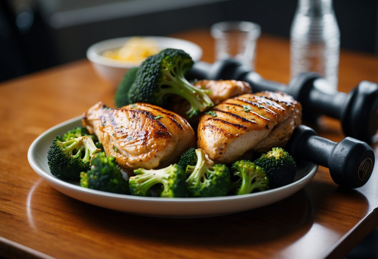 A plate of grilled chicken and broccoli next to a set of dumbbells and a water bottle