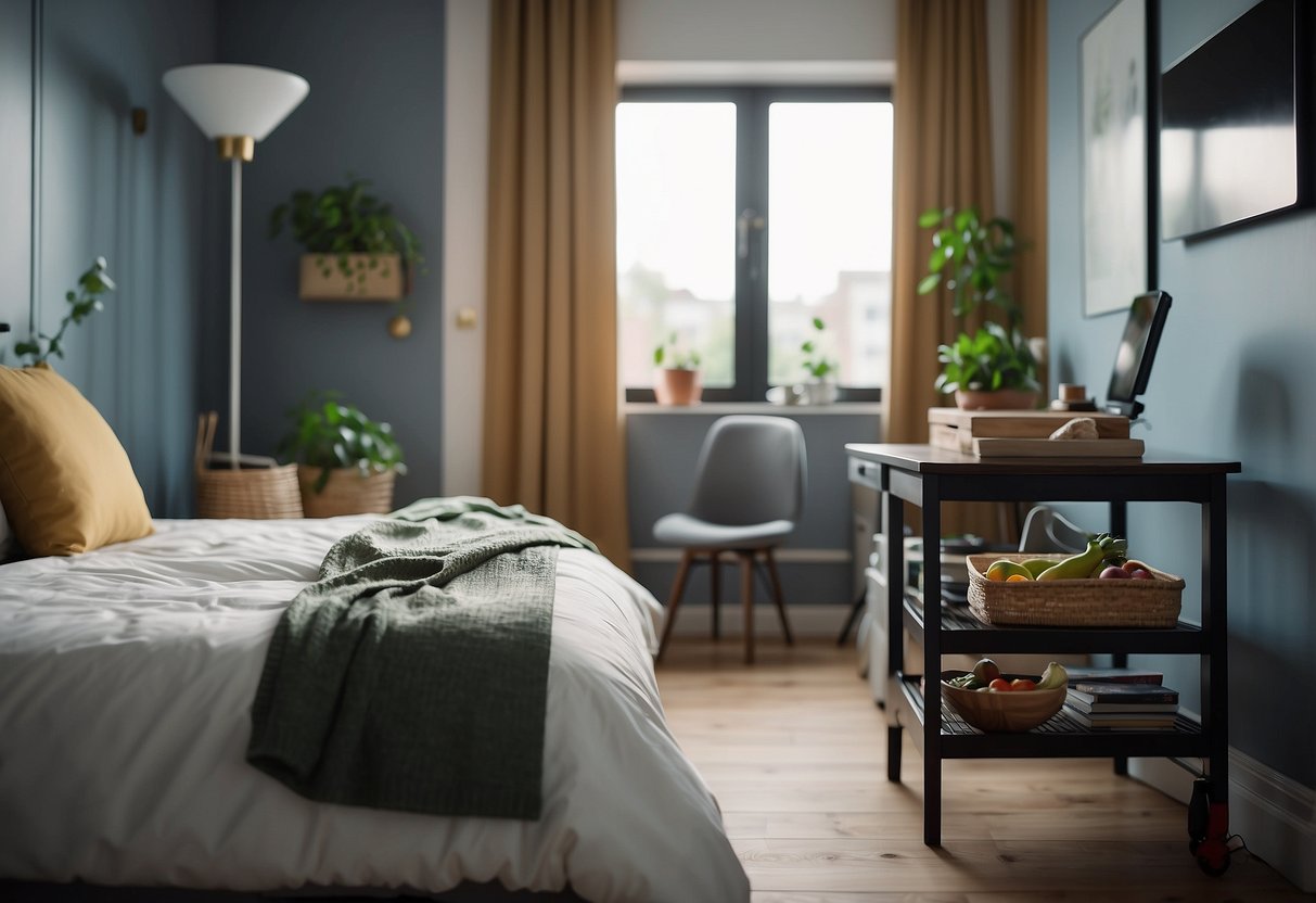 A peaceful bedroom with a tidy bed, healthy food on a table, and exercise equipment nearby