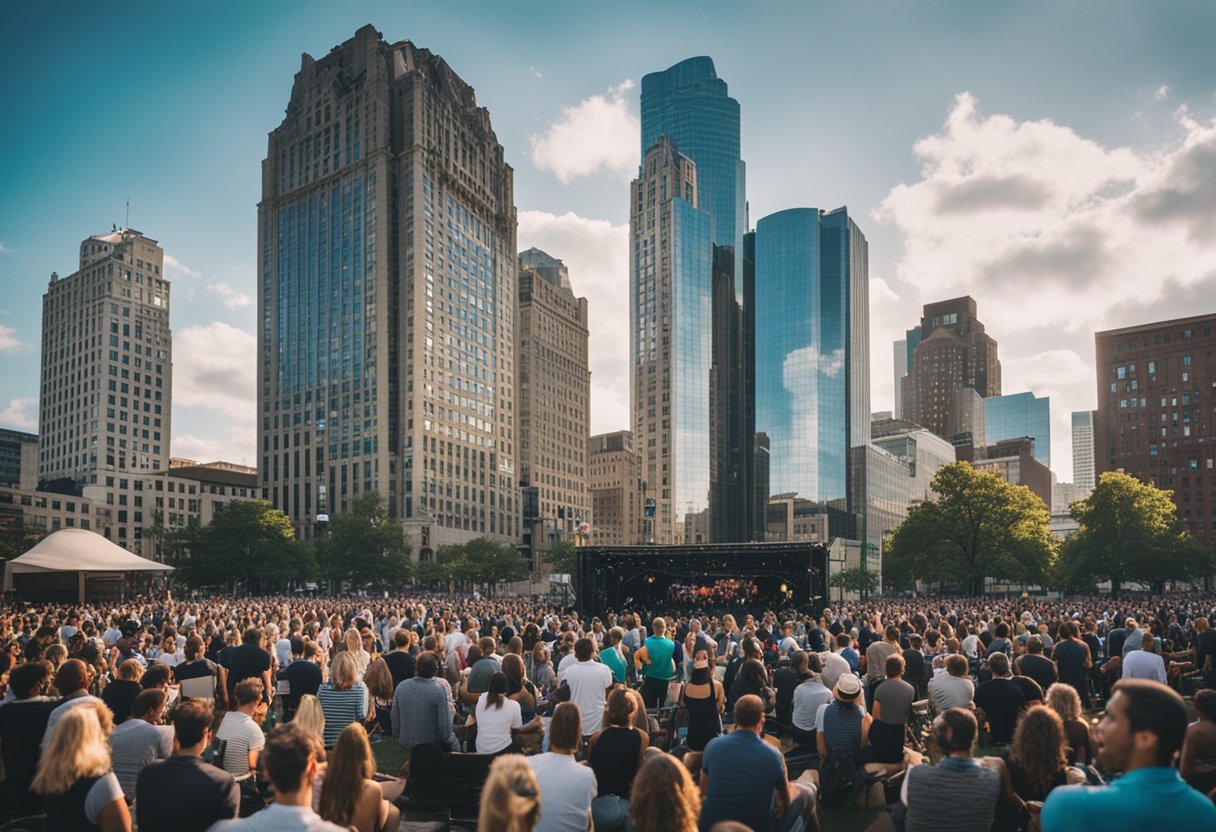 People enjoying live music at outdoor concerts in Detroit's bustling downtown district. Tall buildings and vibrant street art create a dynamic backdrop