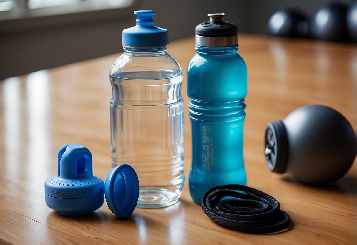 A water bottle next to a set of workout gear, with a clear glass of water on a table