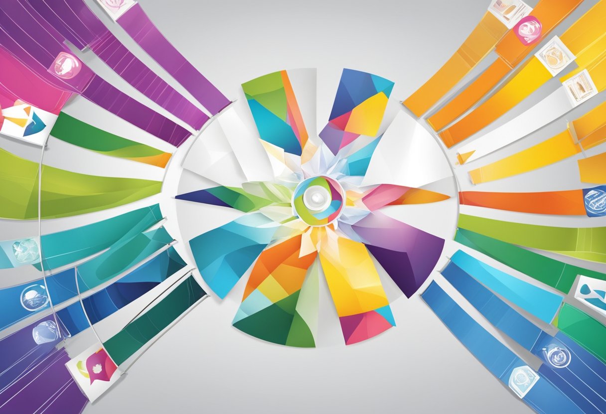 Colorful banners hang in a circular formation, printed with various designs on durable materials