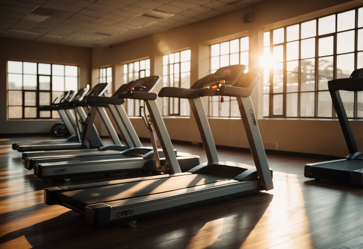 An empty gym at sunrise, with a treadmill and a yoga mat in the center. Sunlight streams in through the windows, casting long shadows on the floor