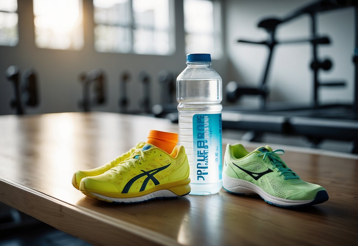 A bottle of electrolyte drink sits on a gym bench next to a towel and a pair of running shoes. The scene is set in a bright, modern gym with clean, white walls and a large window letting in natural light
