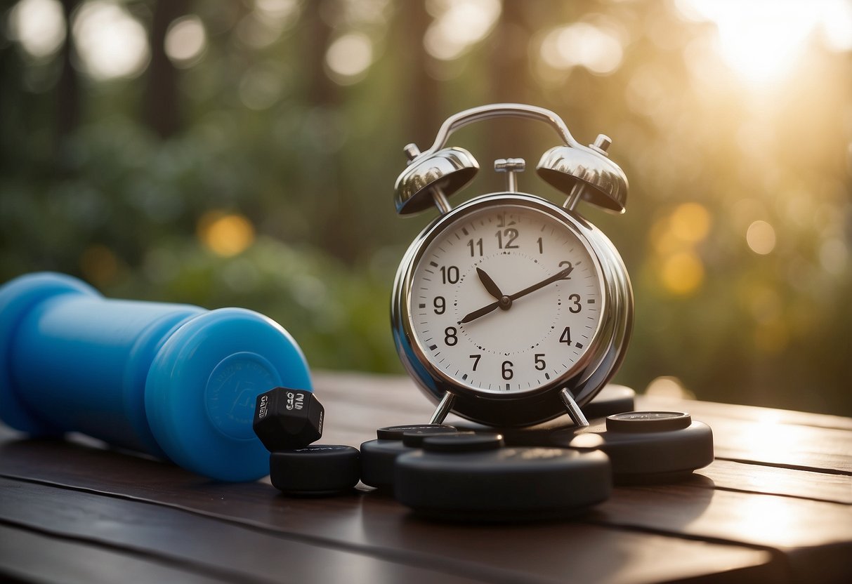 A clock showing early morning, a water bottle, and a set of dumbbells on a yoga mat
