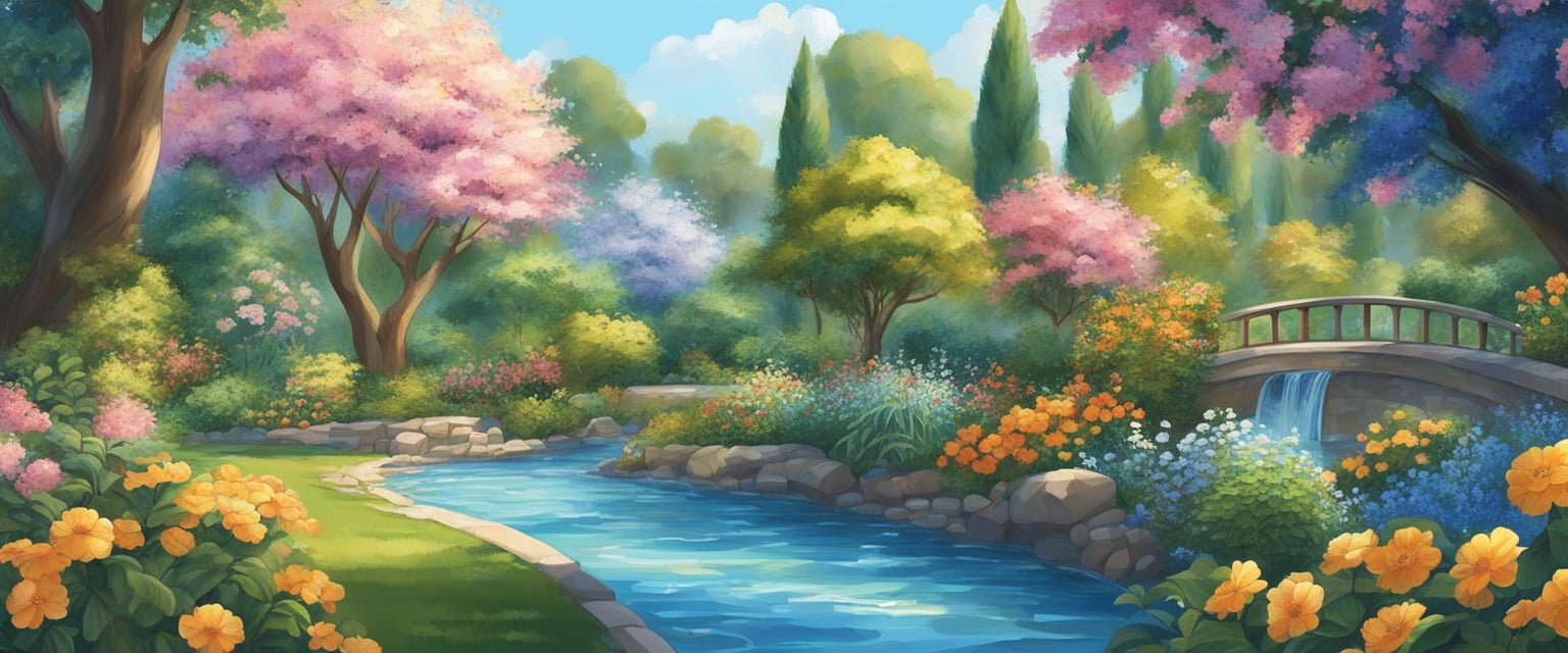 A lush garden with blooming flowers, ripe fruit, and flowing water represents prosperity consciousness. A clear blue sky and abundant sunlight add to the feeling of abundance and wealth