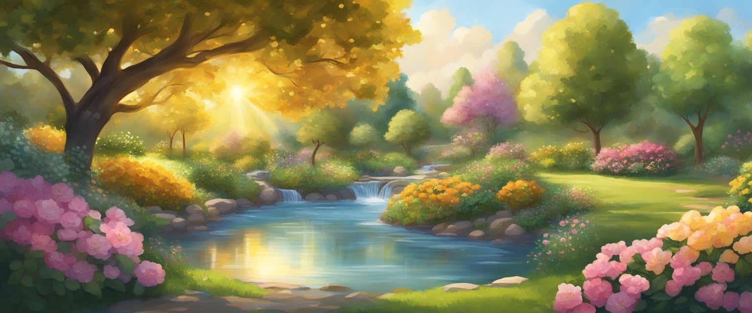 A lush garden with blooming flowers, abundant fruit trees, and flowing water, surrounded by a golden aura of light and positivity