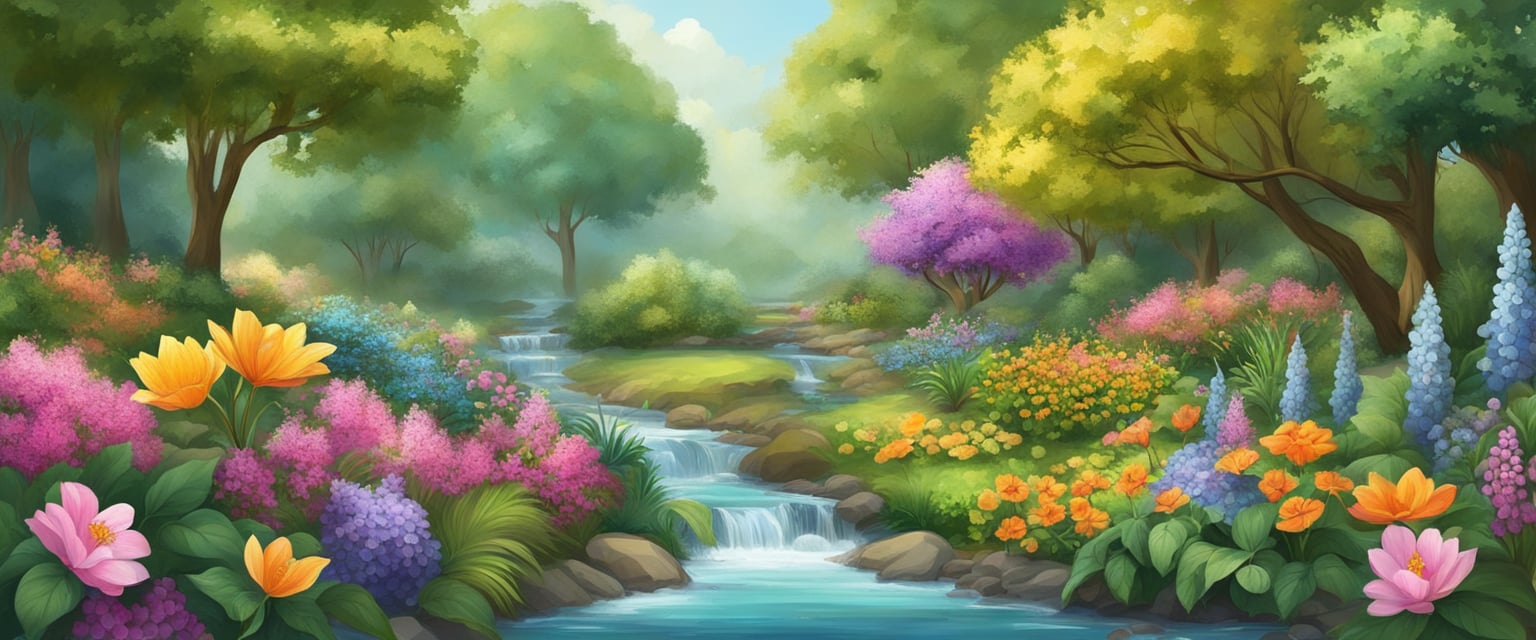 A lush garden with blooming flowers and ripe fruits, surrounded by flowing streams and abundant wildlife, exuding an atmosphere of abundance and prosperity