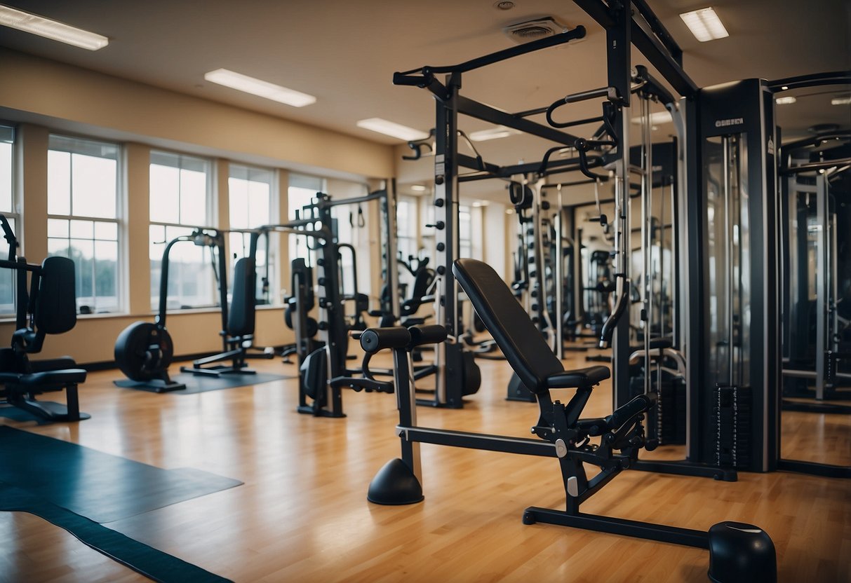 A gym with various workout equipment and posters displaying proper form tips for full body exercises