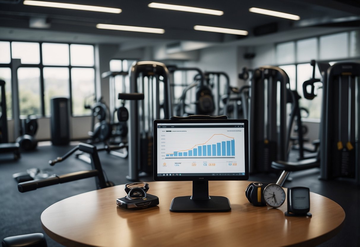 A gym with various exercise equipment, a whiteboard with workout tips, and a person tracking their progress on a chart