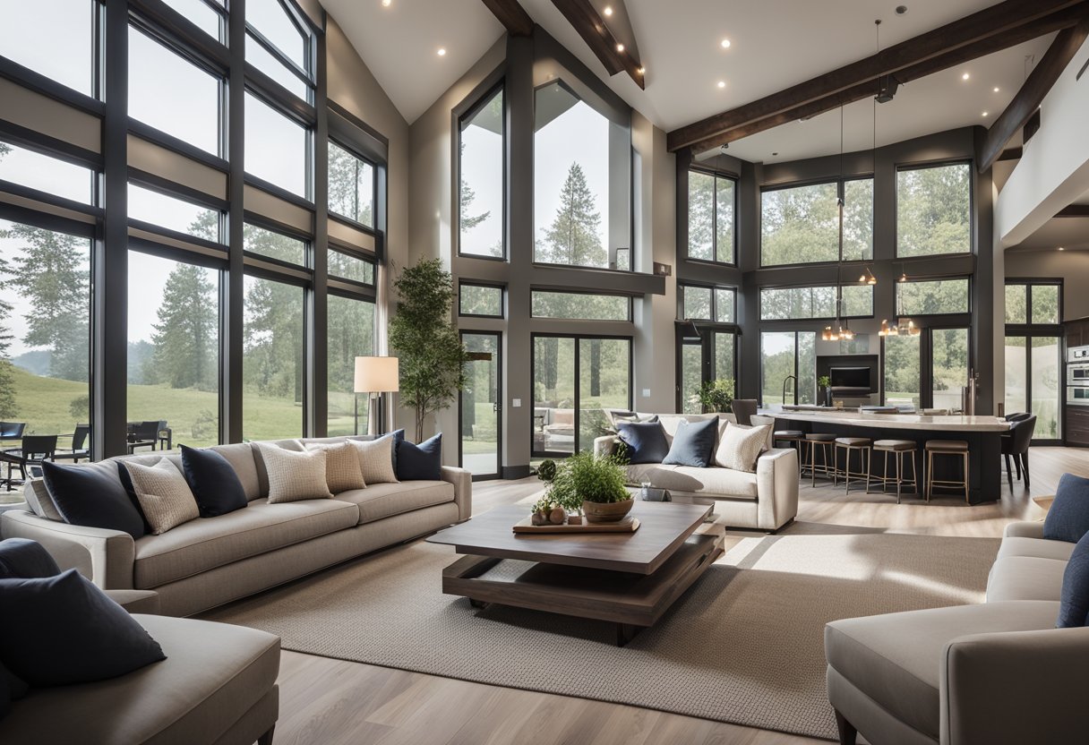 A modern house with a spacious open floor plan, large windows for natural light, a sleek kitchen with state-of-the-art appliances, a cozy fireplace, and a beautiful outdoor patio with a built-in grill and seating area