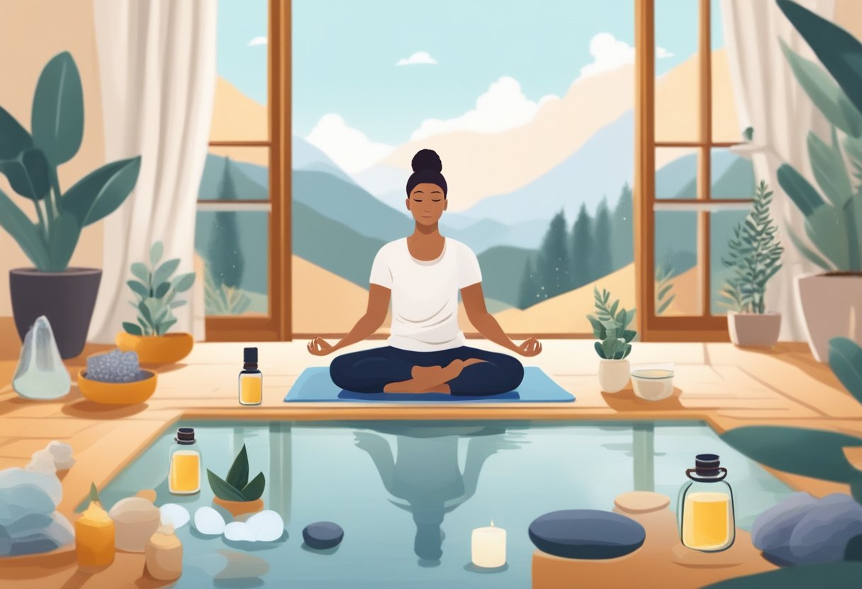 A serene natural setting with a person meditating, surrounded by essential oils, ice packs, and a yoga mat. Epsom salt bath, turmeric, and ginger tea nearby