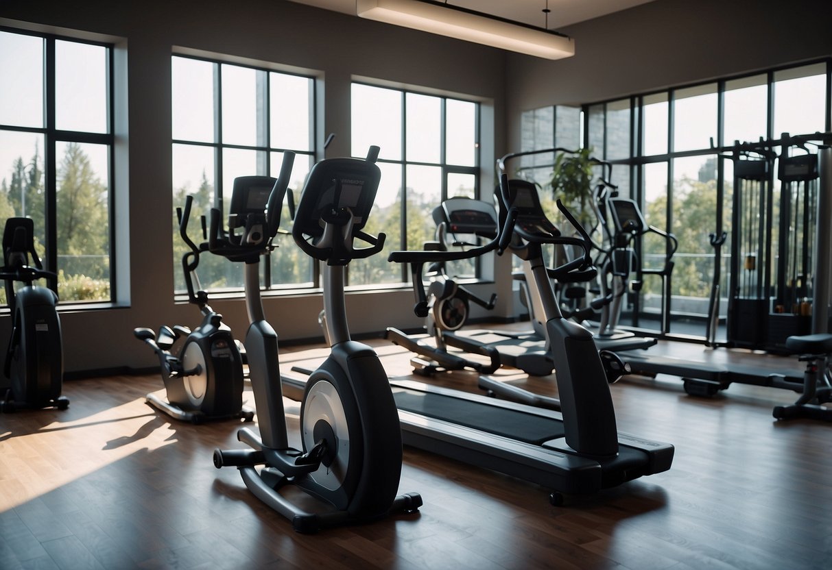 A gym with various exercise equipment arranged in sections for upper body, lower body, and cardio. A whiteboard or poster displays a 3-day workout routine
