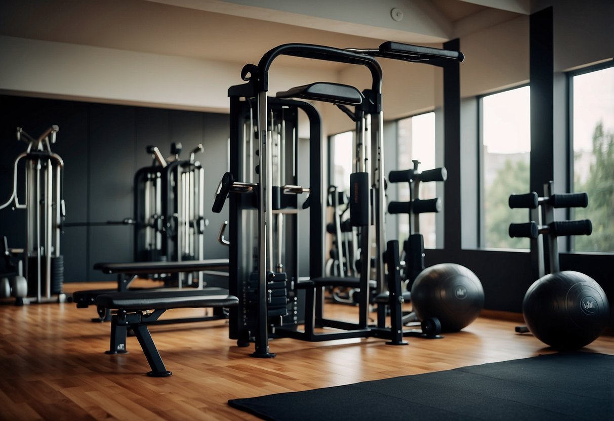 A gym with various workout equipment arranged for efficient use. Timer on the wall. Water bottles and towels neatly placed