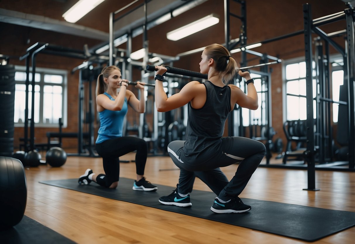 Teenagers performing compound exercises in a well-equipped gym with guidance from a fitness trainer