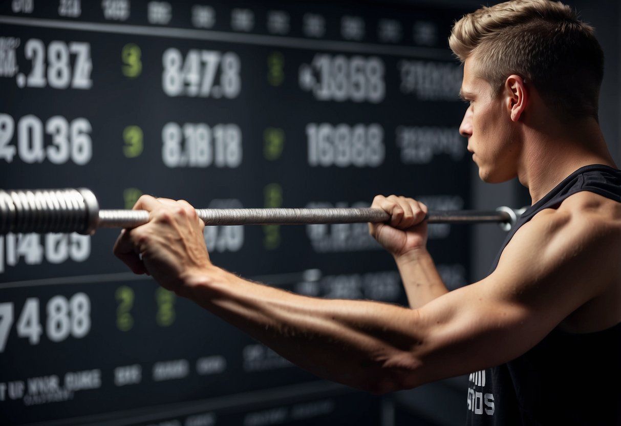 A teenager adds small weights to a barbell, then gradually increases the weight. A chart on the wall shows a progression guide