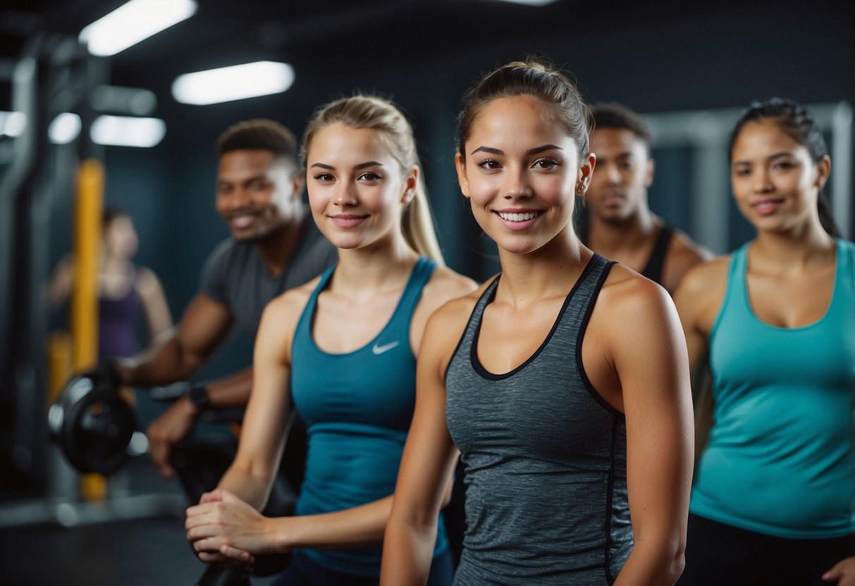 Teenagers in gym gear follow workout tips in a well-equipped gym