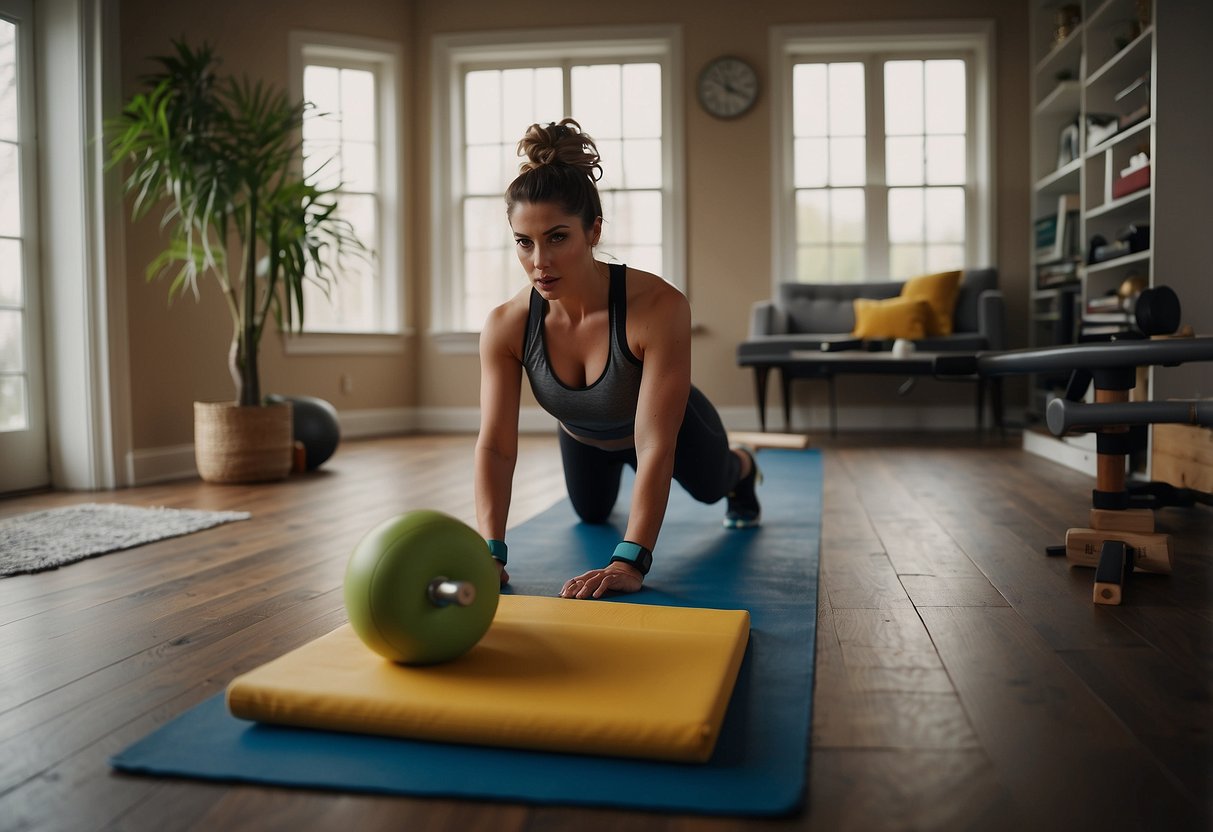A woman follows a balanced nutrition plan while doing home workouts. She uses resistance bands and weights in a well-lit room