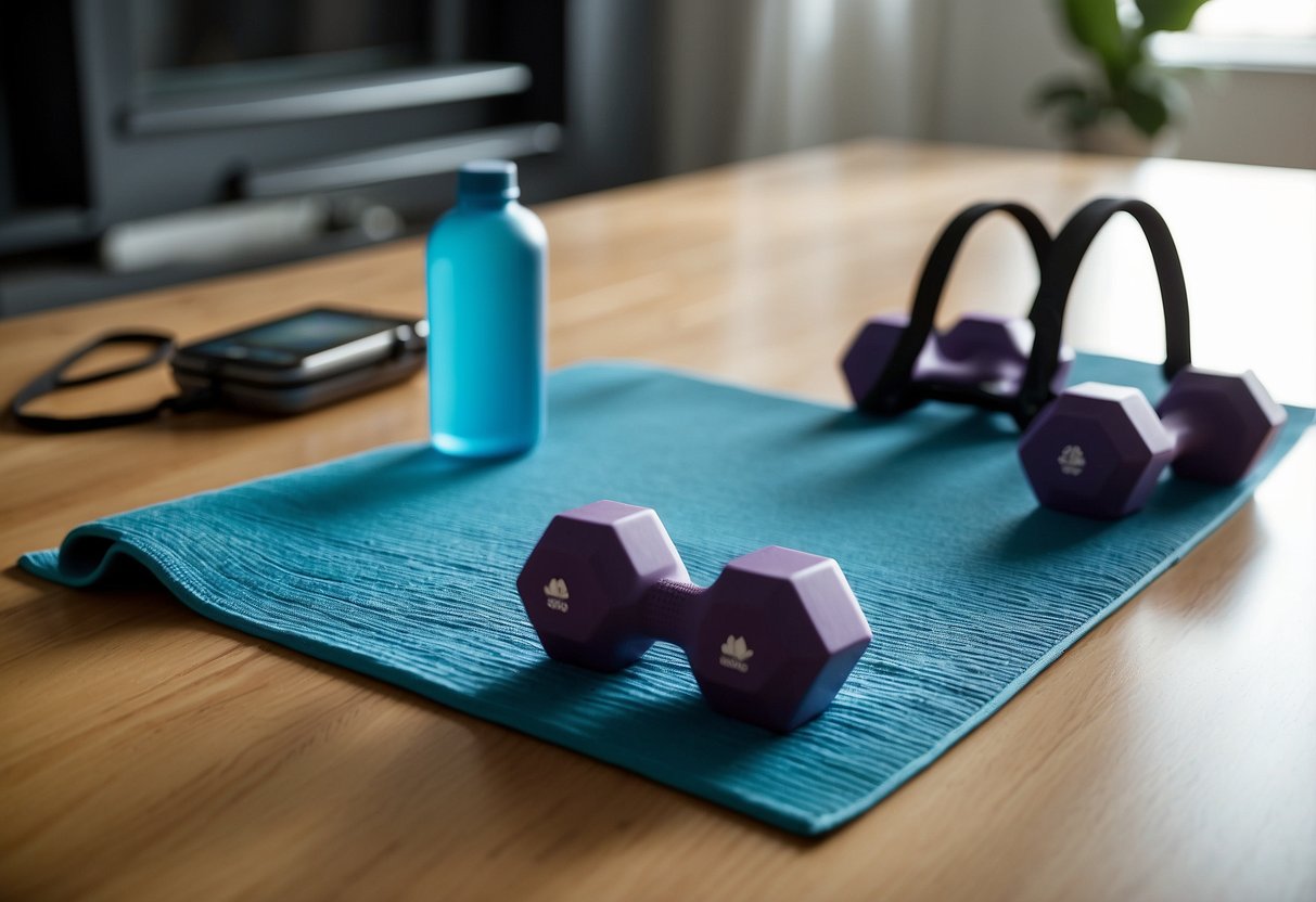 A bright room with a yoga mat, resistance bands, dumbbells, and a water bottle. A tablet displaying home workout tips for women