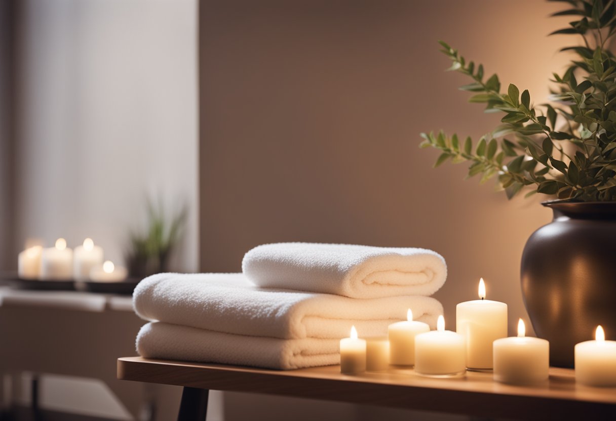 A serene room with soft lighting, a massage table, and soothing music. Aromatherapy oils and towels are neatly arranged, creating a tranquil atmosphere