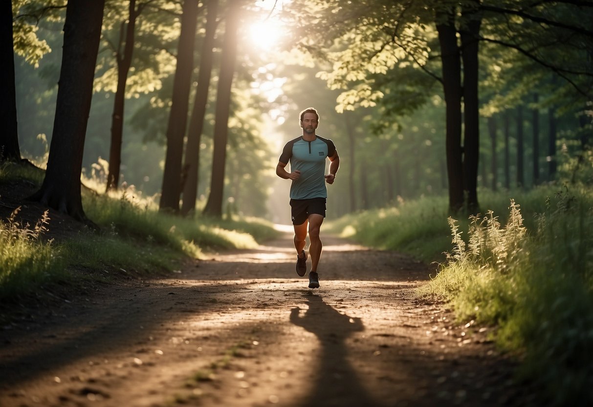 A figure runs on a trail, surrounded by trees and sunlight. The scene is serene, with a gentle breeze and dappled light