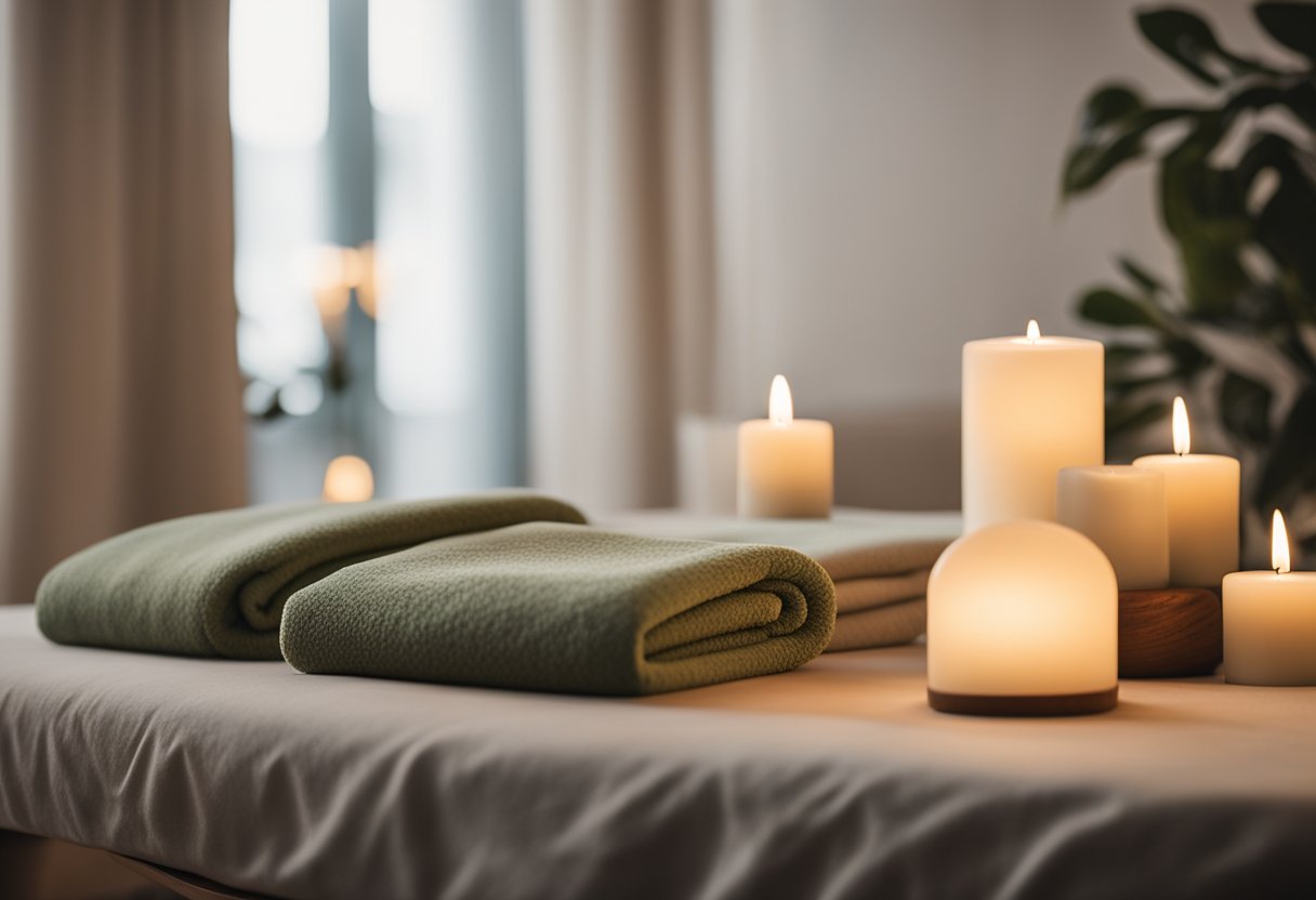 A serene room with a massage table, soft lighting, and calming decor. A therapist's hands hover over the table, ready to provide healing touch