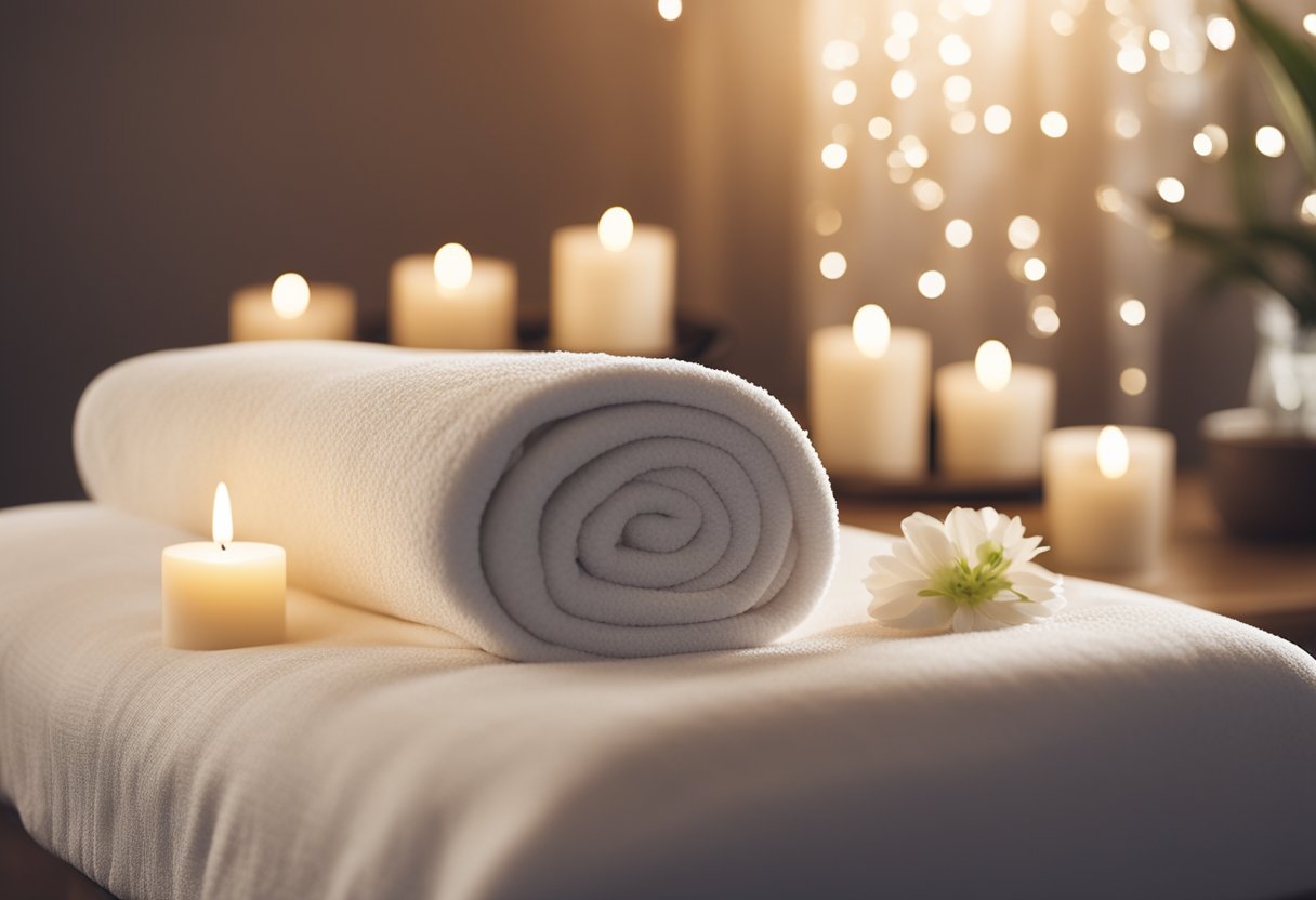 A serene massage room with calming decor and soft lighting. A massage table with fresh linens and soothing music playing in the background