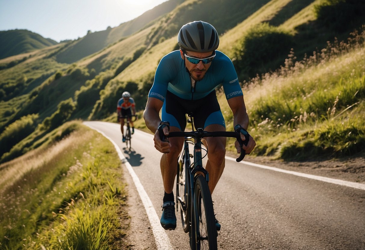 A cyclist powering up a steep hill, with focused determination and sweat glistening in the sunlight. The surrounding landscape is lush and hilly, with a clear blue sky above
