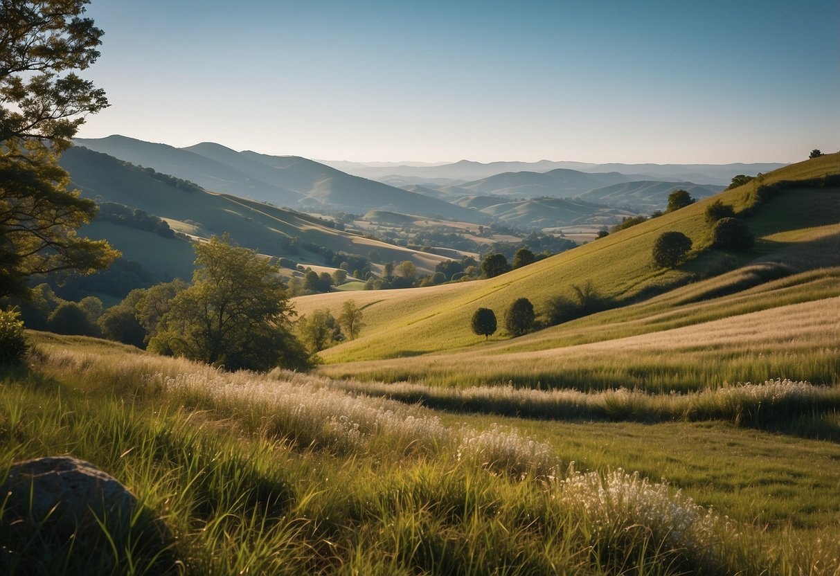 A serene landscape with a tranquil setting, featuring a peaceful scene of nature with a clear blue sky, rolling hills, and a gentle breeze