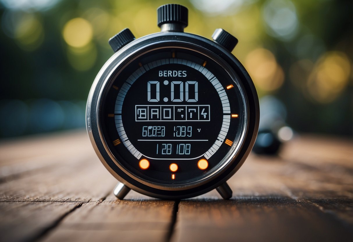 A stopwatch displaying "Interval 4" with a list of burpees workout tips in the background