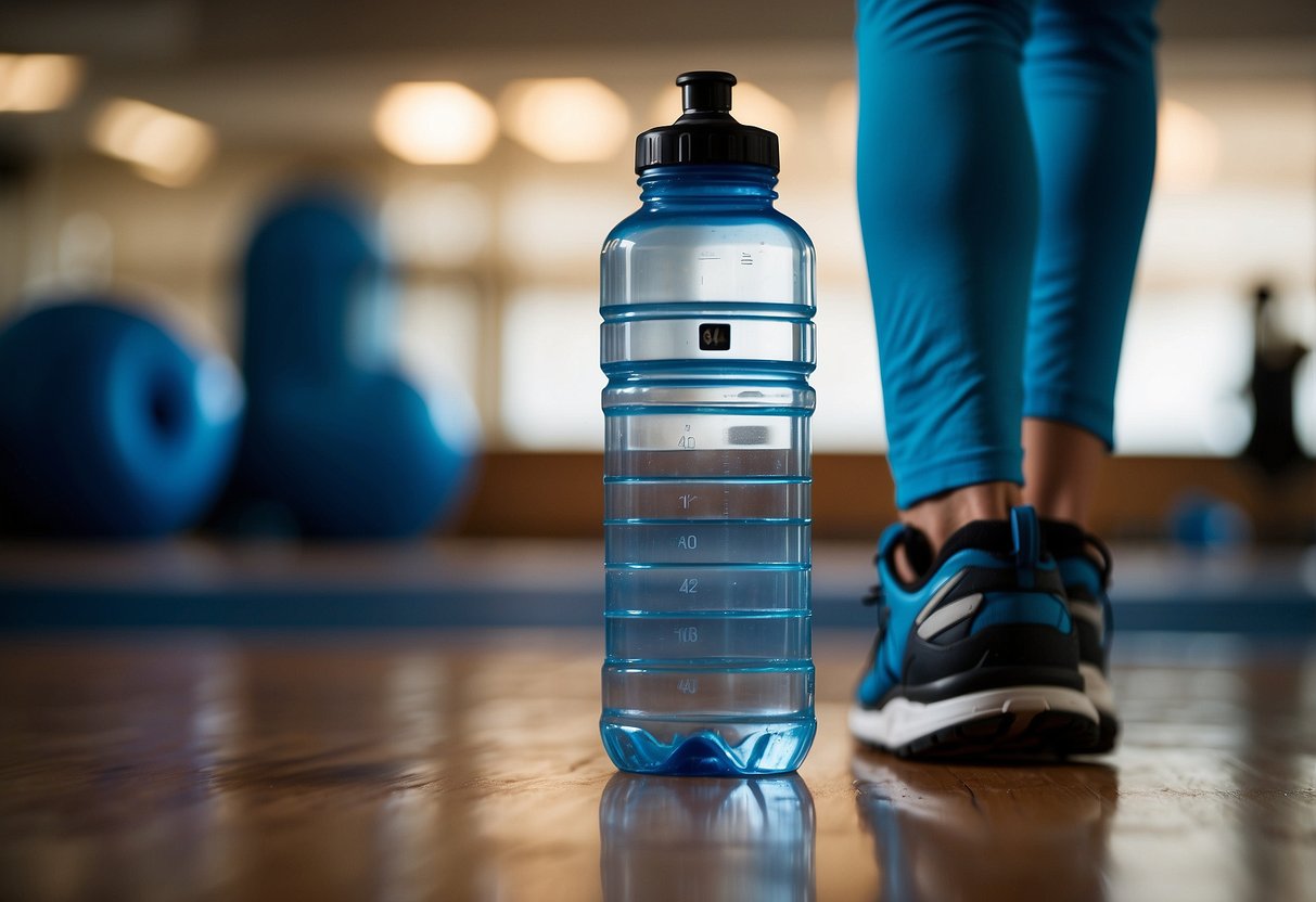 A water bottle sits next to a stopwatch on a gym floor. Sweat drips down from the edge of the bottle, highlighting the importance of staying hydrated during interval workouts