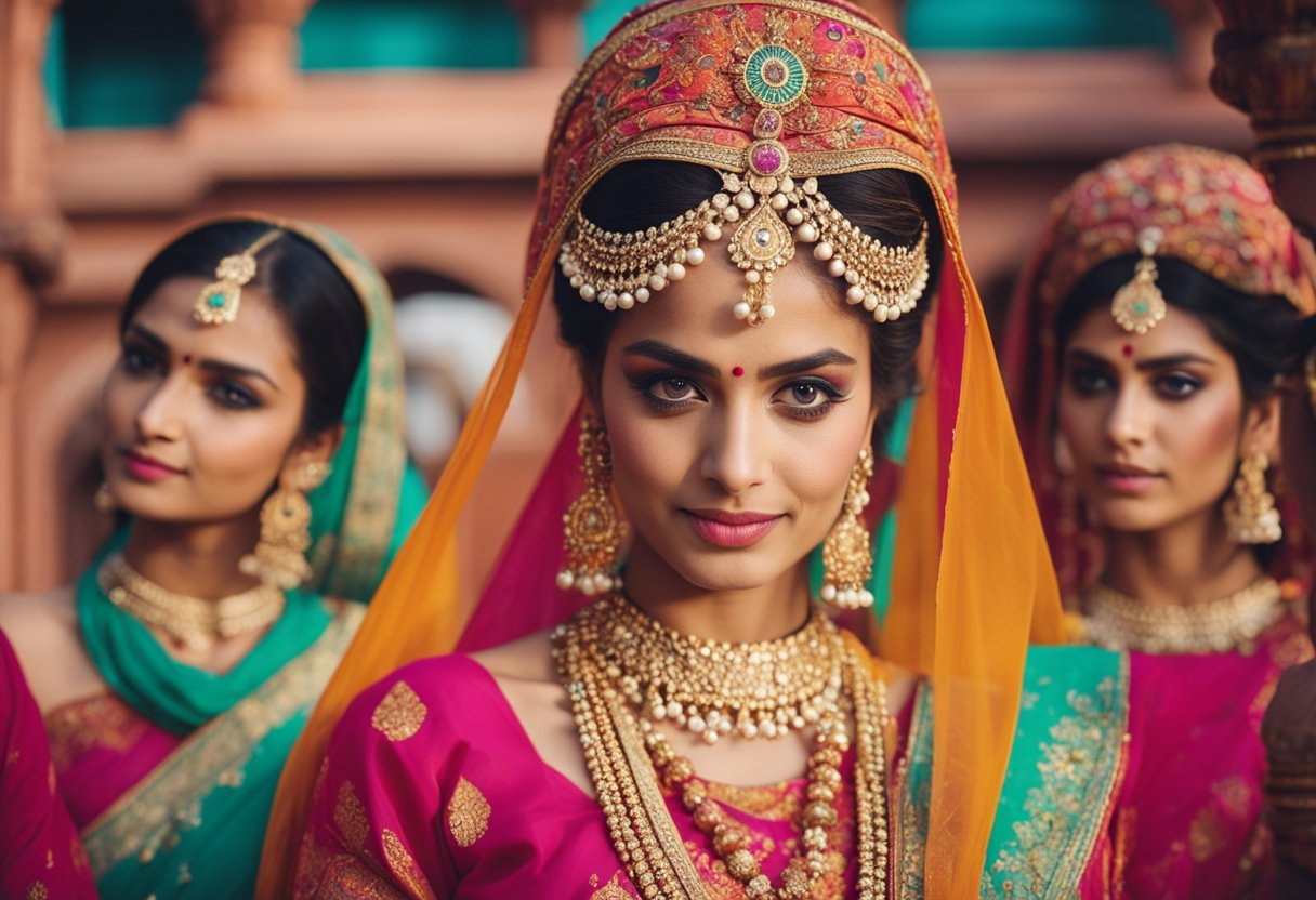 Vibrant colors and intricate designs adorn the faces of models, showcasing the traditional makeup artistry of Jaipur