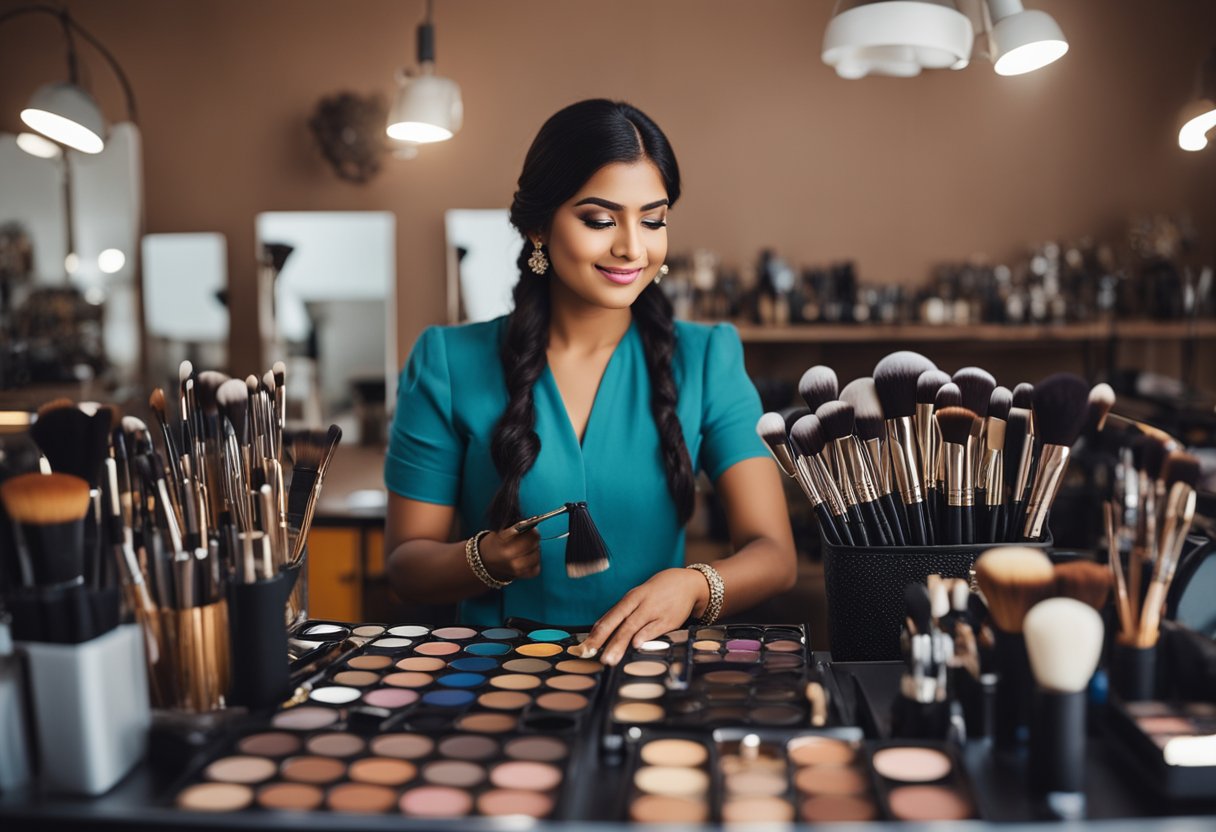 A makeup artist in Jaipur perfects their skills, surrounded by brushes, palettes, and mirrors in a bright, organized studio
