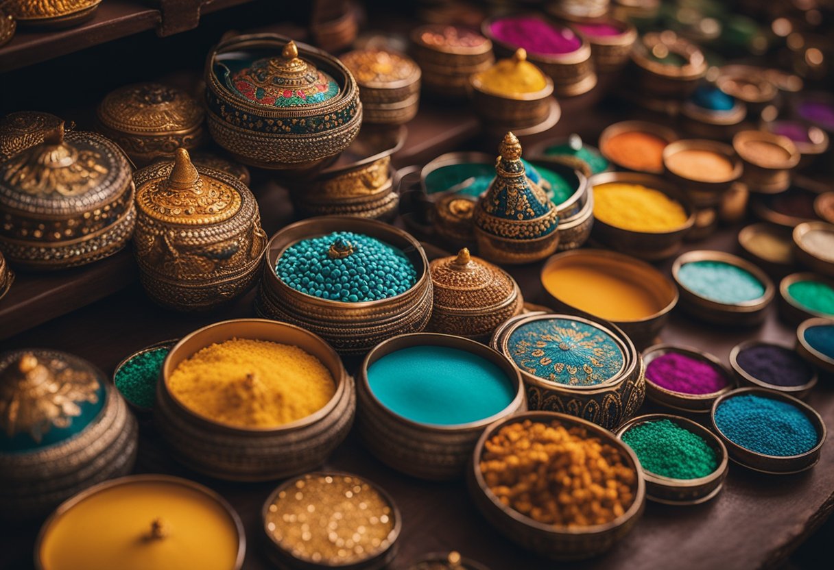 Vibrant colors and intricate designs of traditional Jaipur makeup styles. Rich pigments and detailed patterns on display