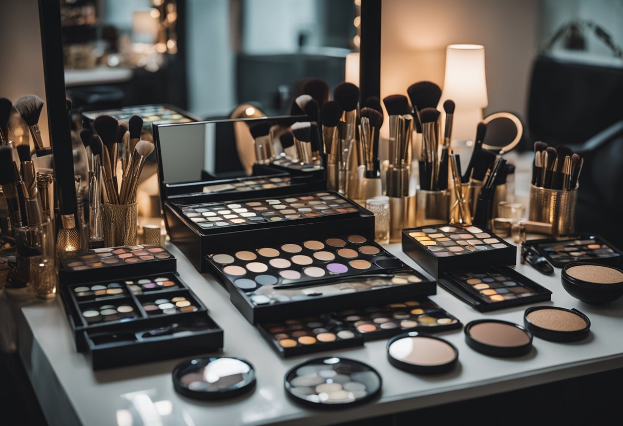 A makeup artist's table with brushes, palettes, and mirrors in Jaipur studio
