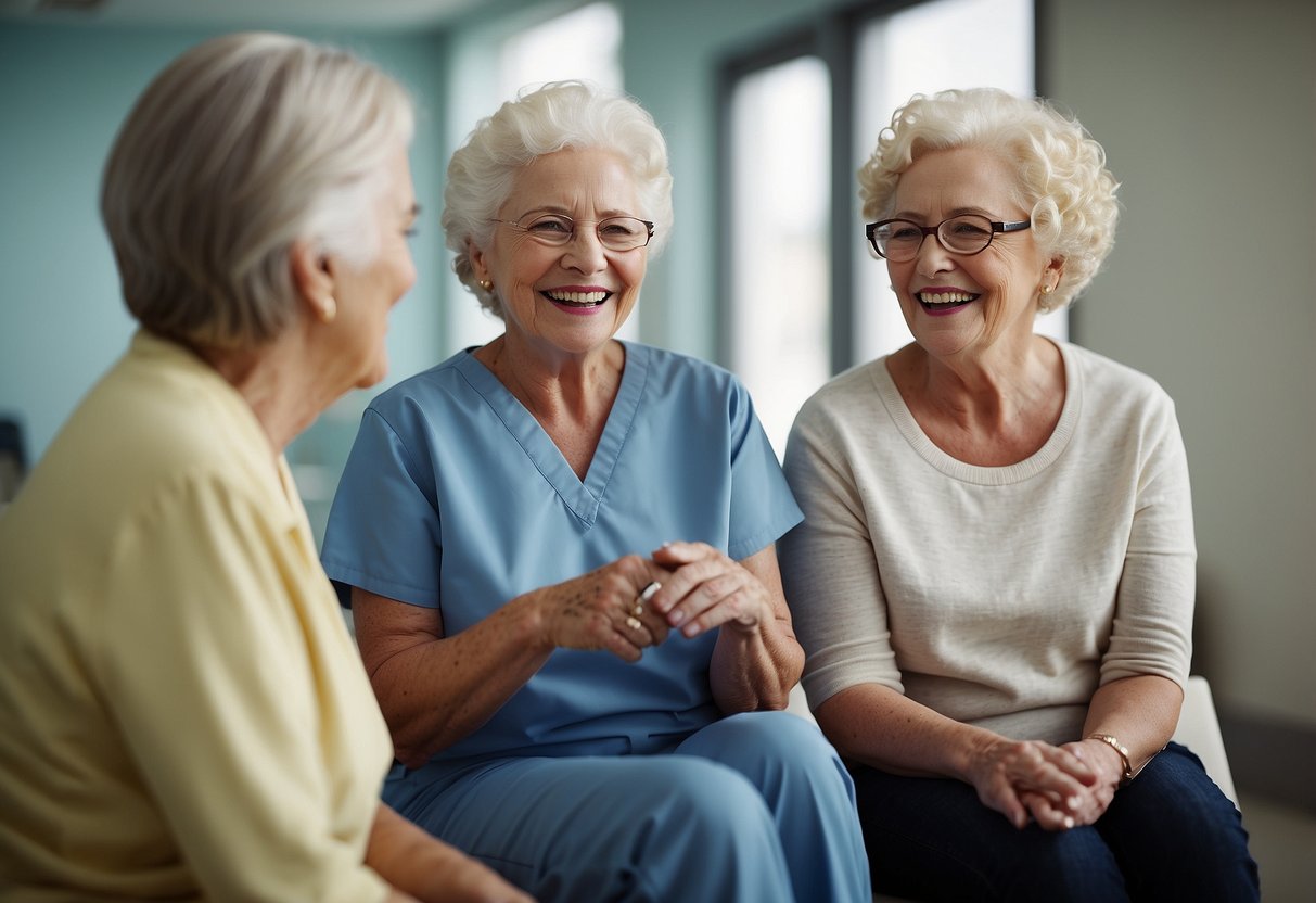 A group of seniors gather in a bright, modern dental clinic. A sign on the wall displays the details and limits of the Ontario Seniors Dental Care Program. The seniors chat with the friendly staff as they wait for their appointments