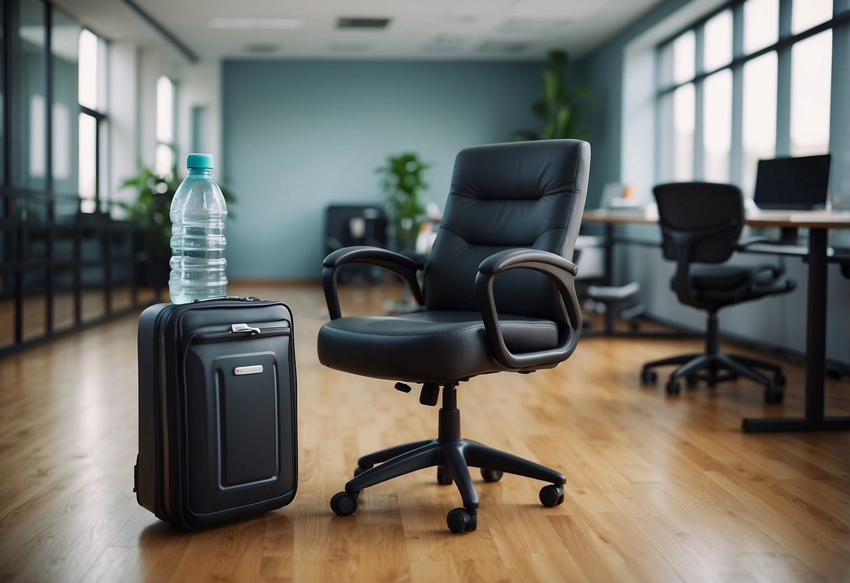 An office chair sits in front of a desk with a lunchbox and water bottle. A fitness poster on the wall shows various chair exercises