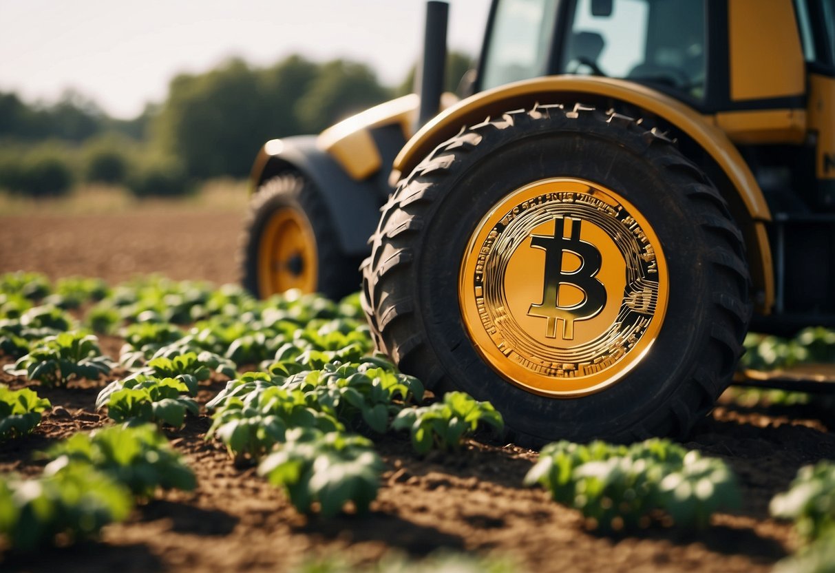 Cryptocurrencies revolutionizing agricultural sector. Farm equipment connected to blockchain. Farmers trading digital assets for seeds and supplies