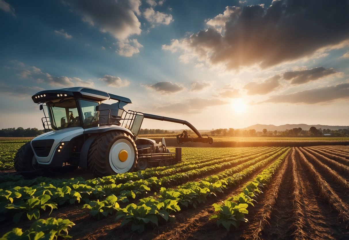 A futuristic farm with automated machinery and digital interfaces. Cryptocurrency logos integrated into the agricultural operations