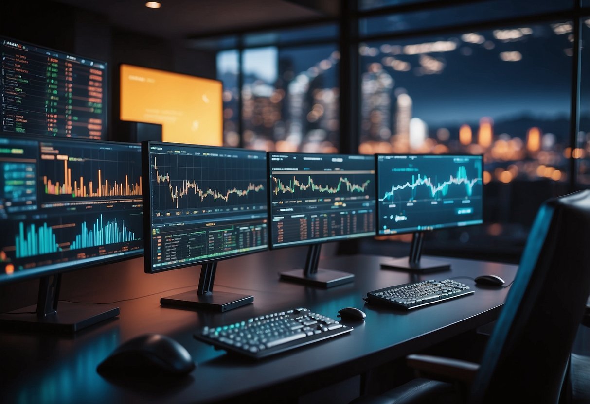 A vibrant digital landscape with various cryptocurrency symbols and charts displayed on multiple screens, surrounded by modern technology and financial data